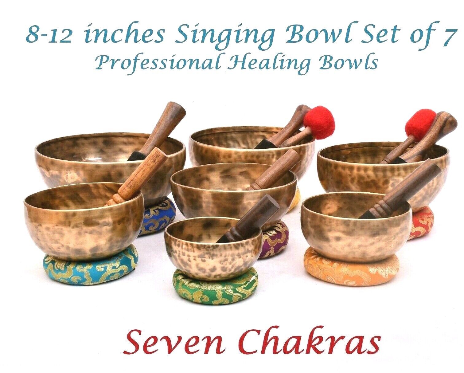 8-12 inches chakra frequency tuned professional singing bowl set of 7 