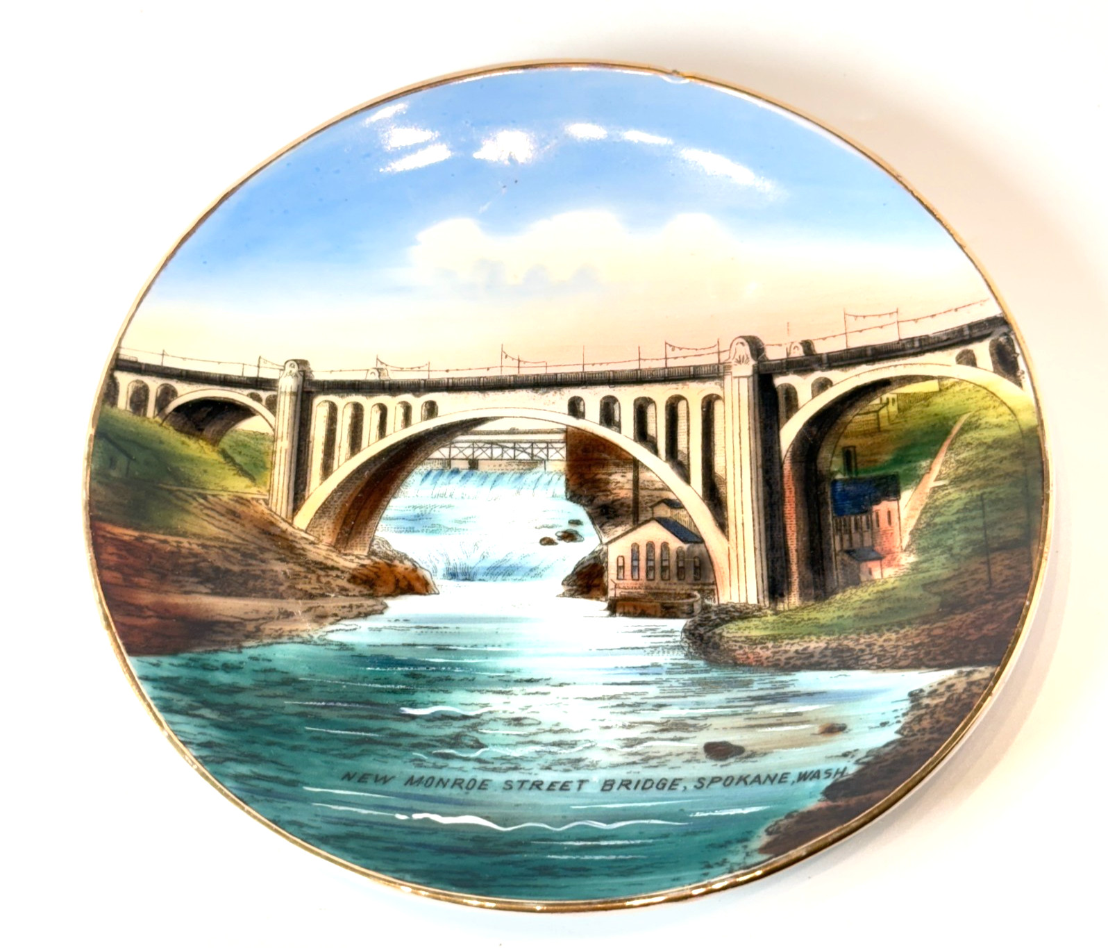 SPOKANE WA WASHINGTON BRIDGE Antique Souvenir RARE China Dish Plate