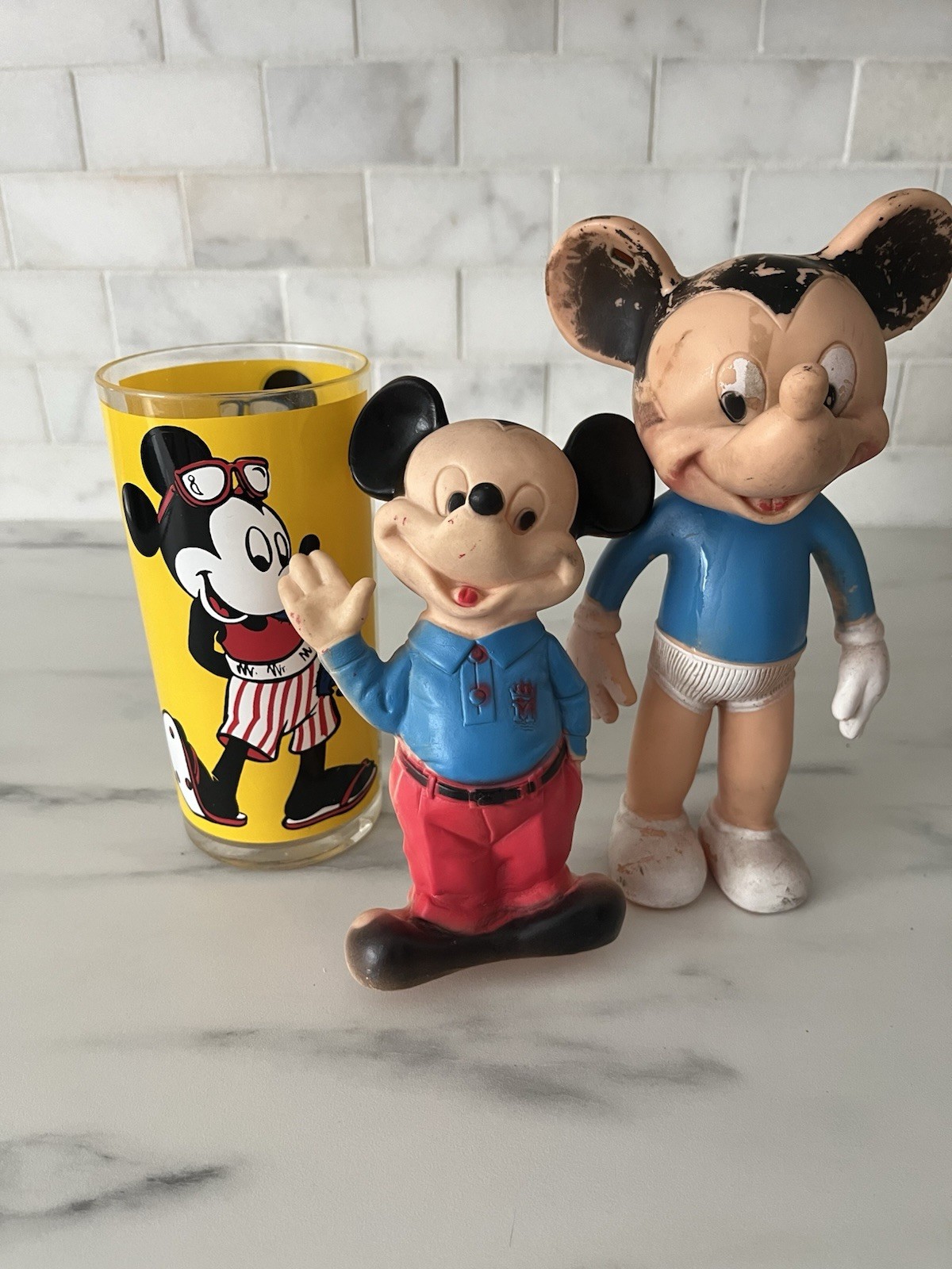 1965 Mickey Mouse Sun Rubber Walt Disney Figure Lot + Vintage Disney Glass