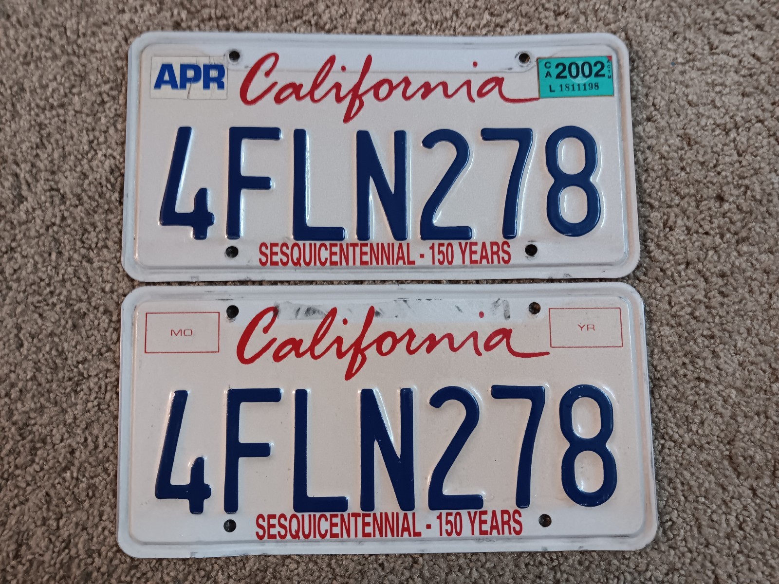 California License Plate - Matching Pair - 4 FLN 278 - Expired