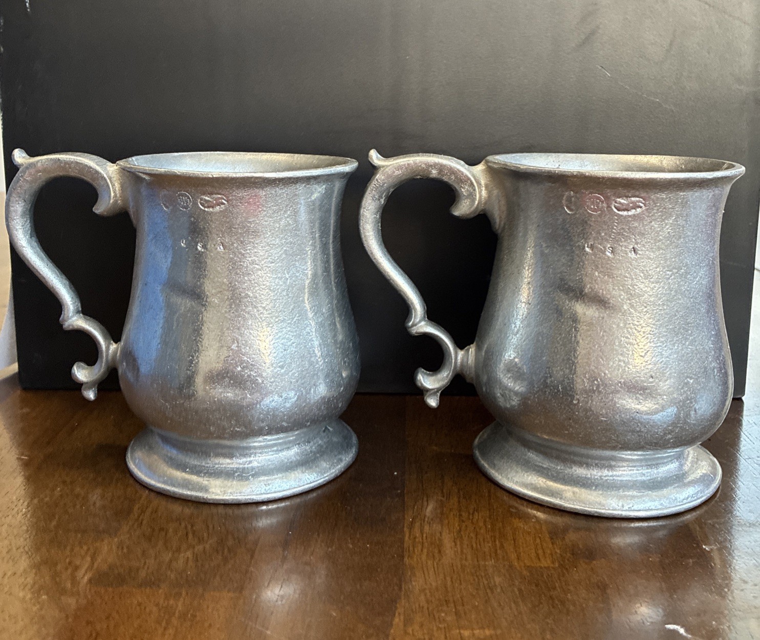 TWO VTG Royal Wilton RWP Pewter Tankard Mugs Queen Anne Handle USA 12oz Marked