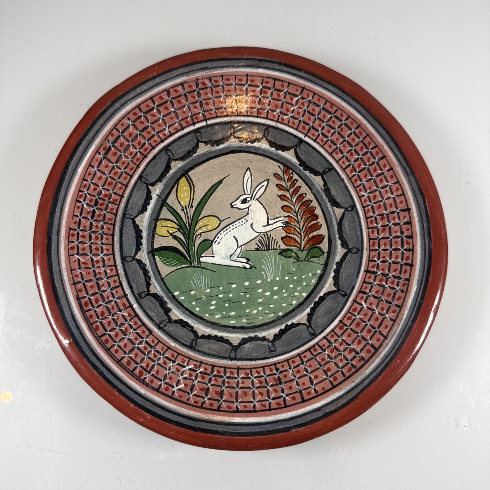 Vintage Tonala Mexico Pottery Plate Rabbit Bunny Folk Art Handmade 