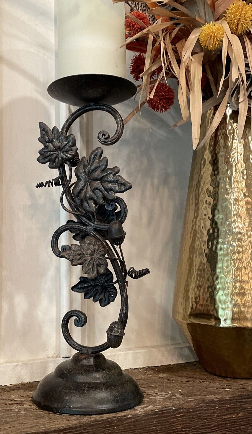 Vintage Metal Decorative Leaf Pillar Candle Holder 14”