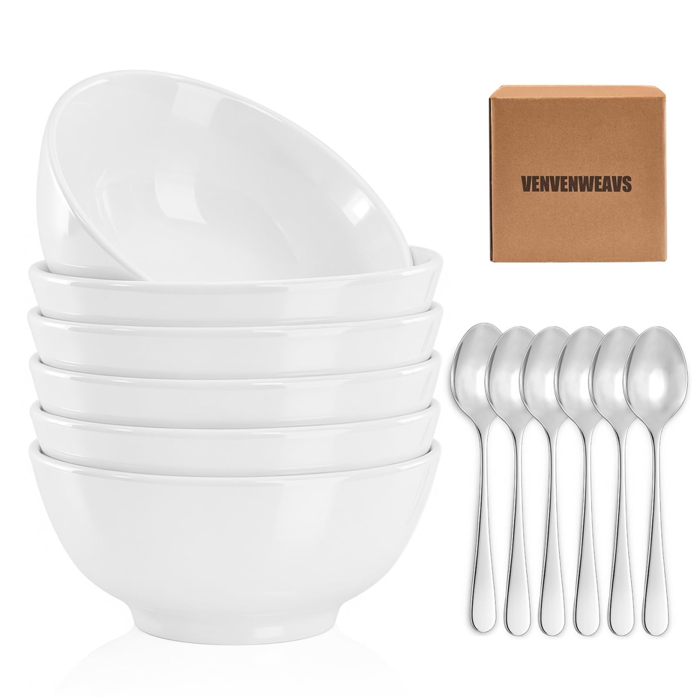 VENVENWEAVS 30 OZ White Thickened Ceramic Bowls Set of 6 Complimentary 6 Spoons,