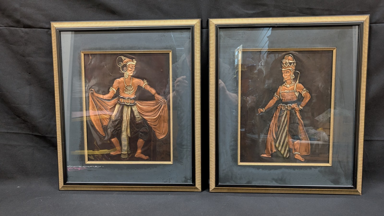 2 Vintage Mid-Century Indonesian Javanese/Balinese Copper Repoussé Relief Plaque