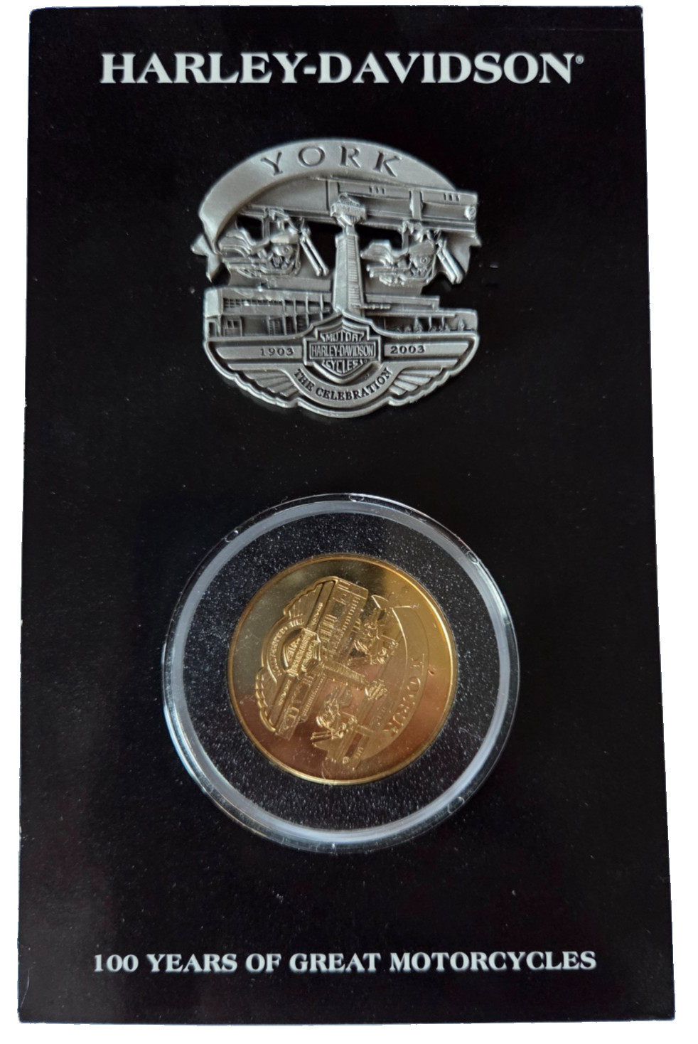 🔥 HARLEY-DAVIDSON 2003 YORK 100TH ANNIVERSARY GOLD COIN & PEWTER PIN - VINTAGE