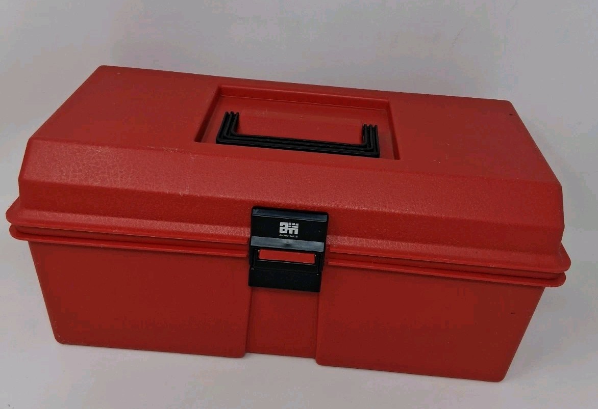 Vintage Akro-Mils Red Plastic Toolbox Tool Box USA w Handle Vintage Akro-Mils Red Plastic Toolbox Tool Box USA w Handle
