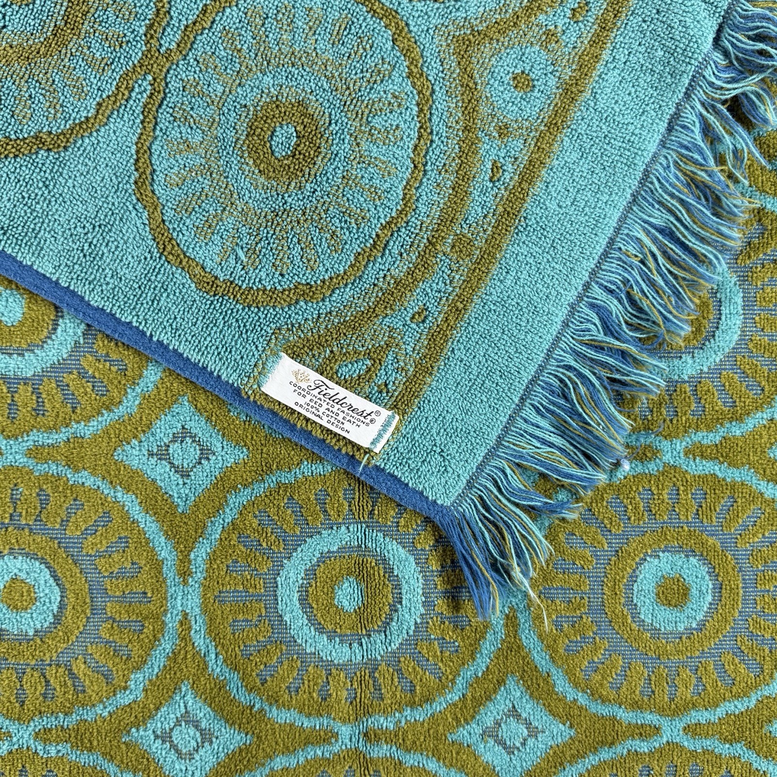 Fieldcrest Bath Towel Turquoise Chartreuse Green Geometric Fringe MCM Groovy VTG
