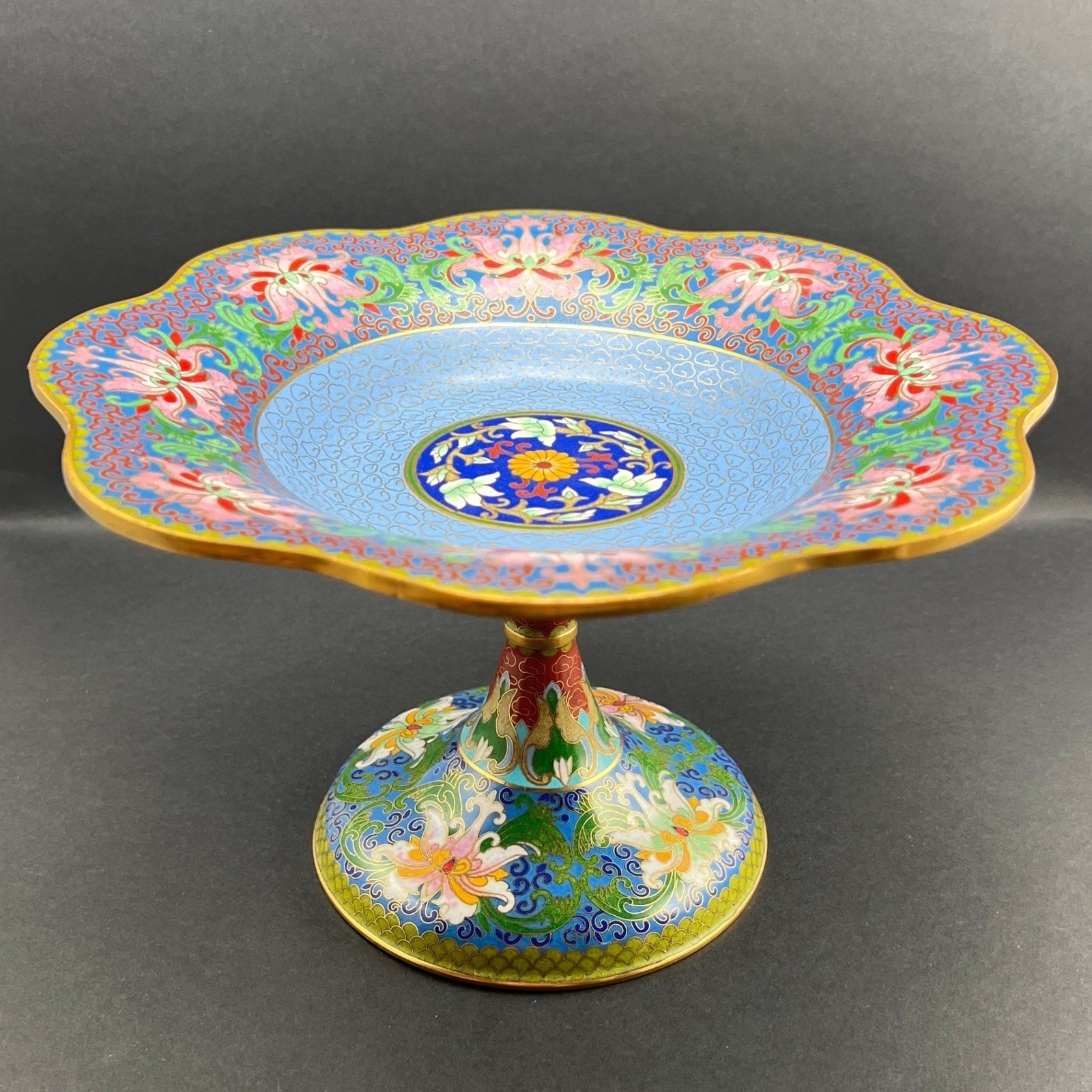 Vintage Cloisonne Footed Compote Dish Blue Floral Scalloped 10\