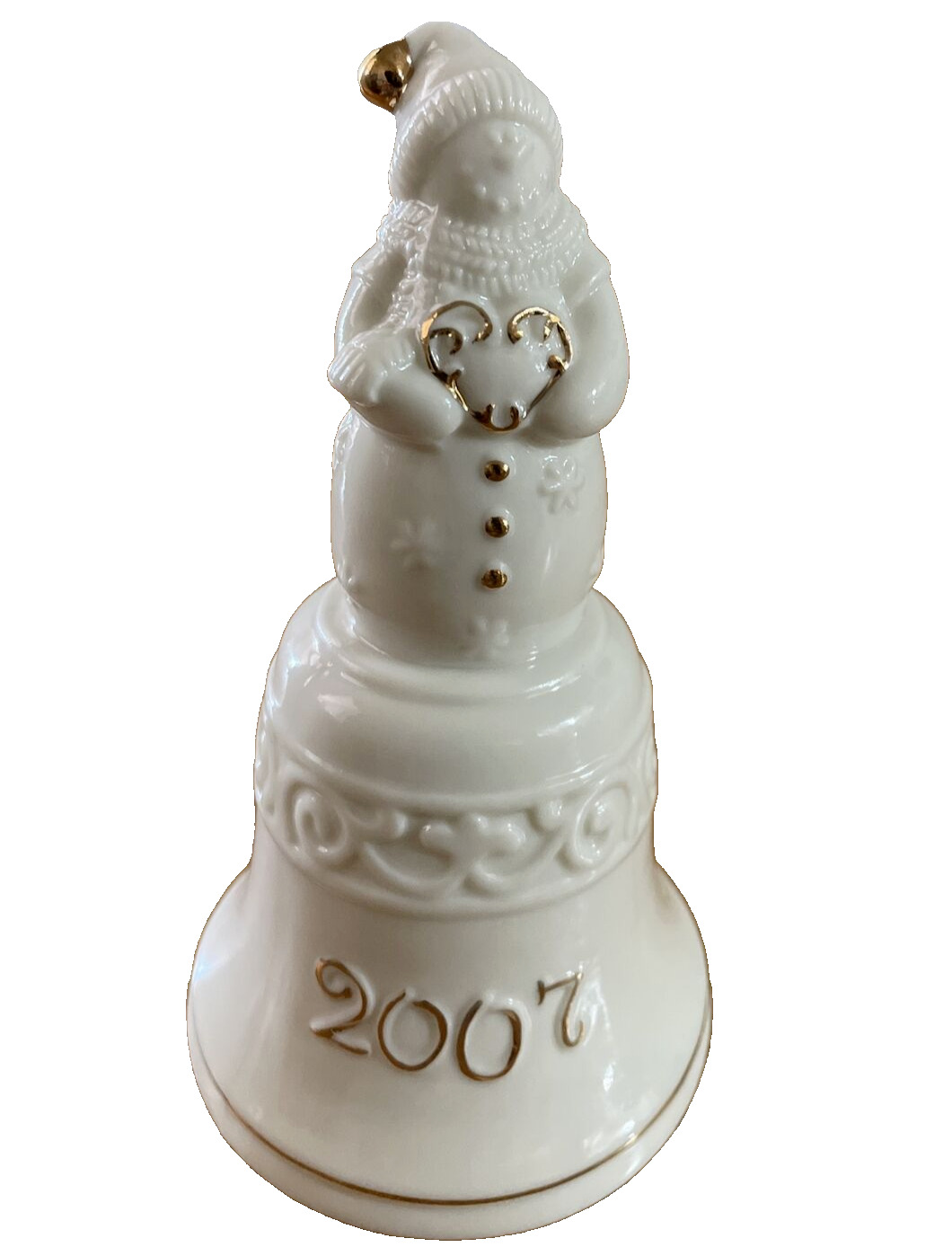 Porcelain 2007 Snowman Heart Hand Bell Off White Gilded 5 1/4 in