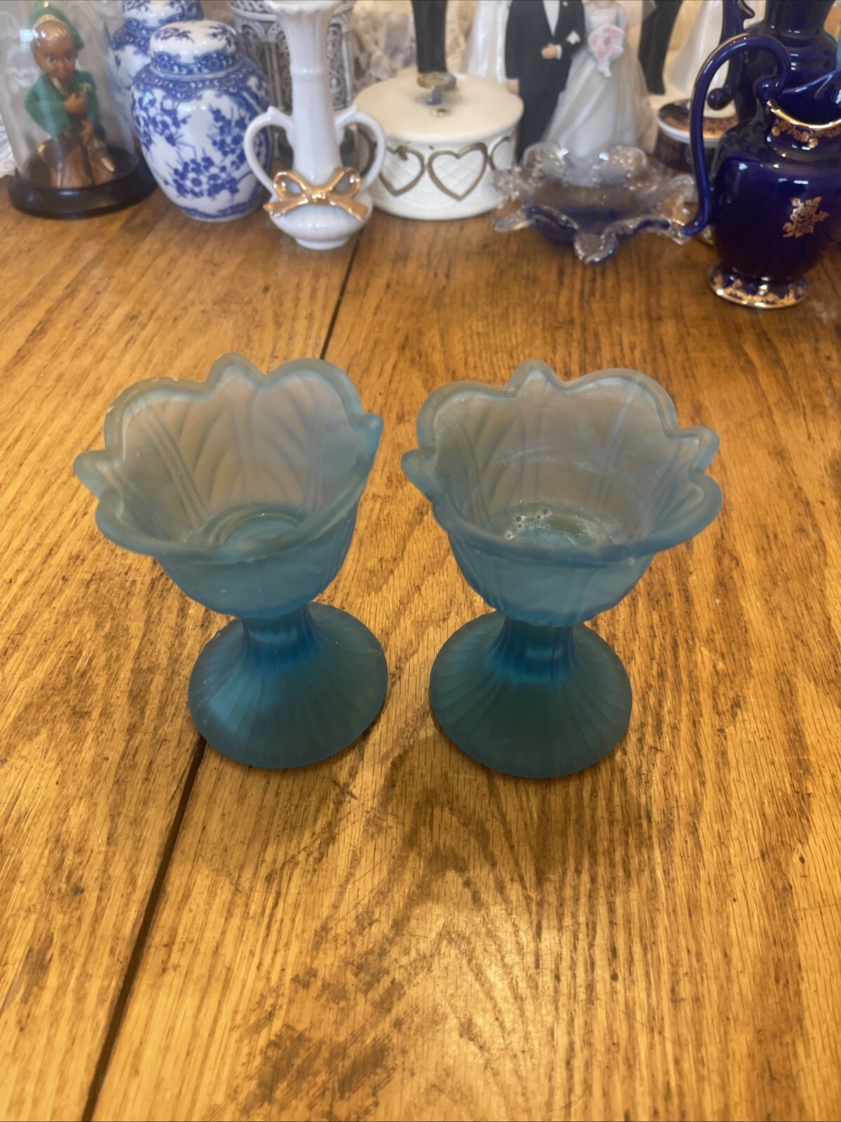 Blue Glass Candle Holder Pair Floral Ribbed Design