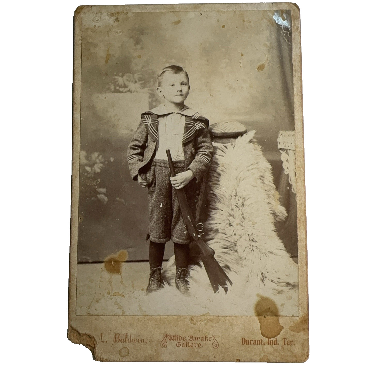 Antique L Baldwin Boy Rifle Durant I. T. Cabinet Card Photo 4x5.5 Sepia Original