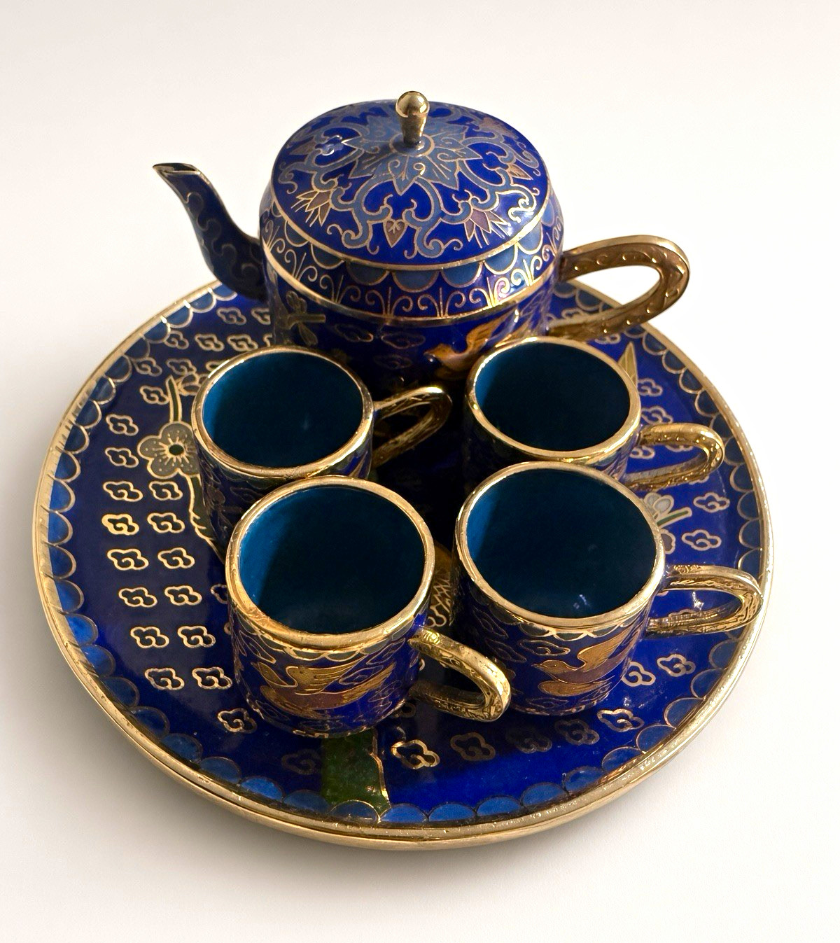 Vintage Chinese Cloisonné Miniature Tea Set Blue Birds Plum 7pc Tray Teapot Cups