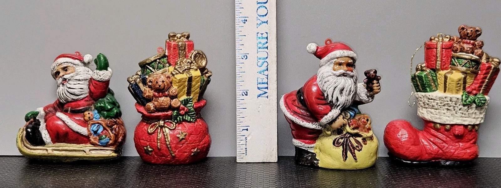 4x Vintage Santa And Gifts Blow Mold Style Christmas Ornaments 