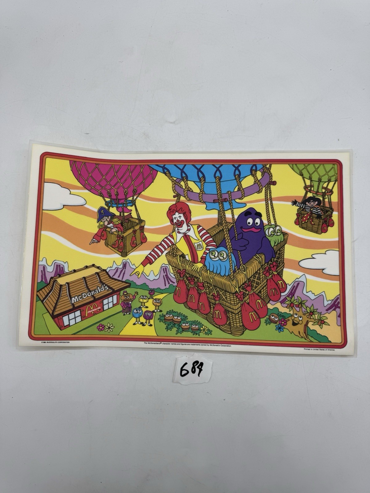 1981 McDonaldland Hot Air Balloon Characters Placemat Tray Liner