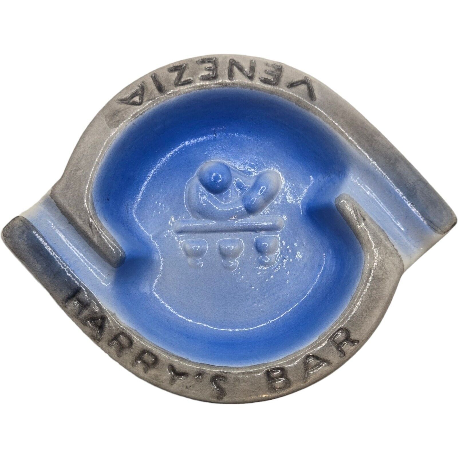 Rare Vintage Harrys Bar Venice Ashtray Signed Ceramic Blue Gray Midcentury