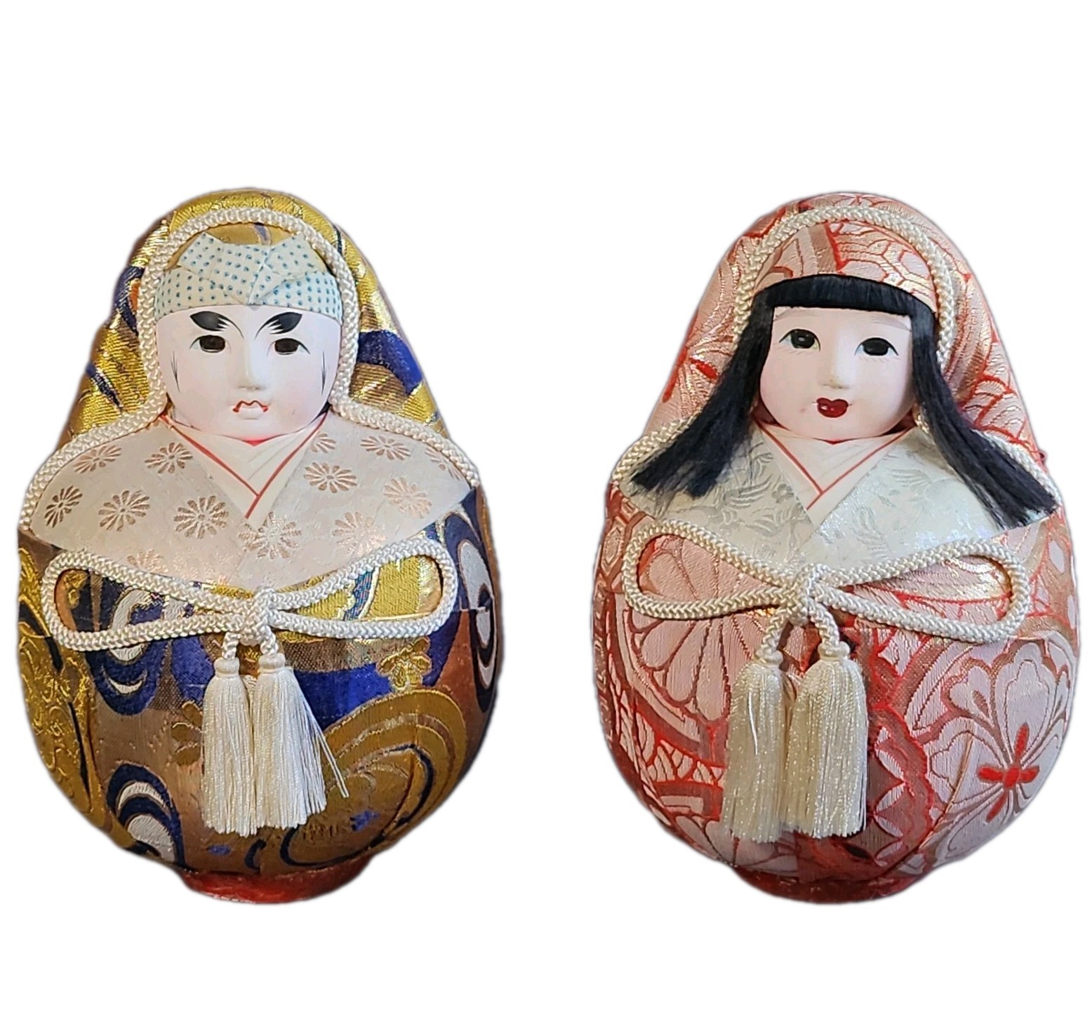 Handcrafted Silk Brocade Daruma Vintage Japanese Folk Art Dolls Ningyo Pair