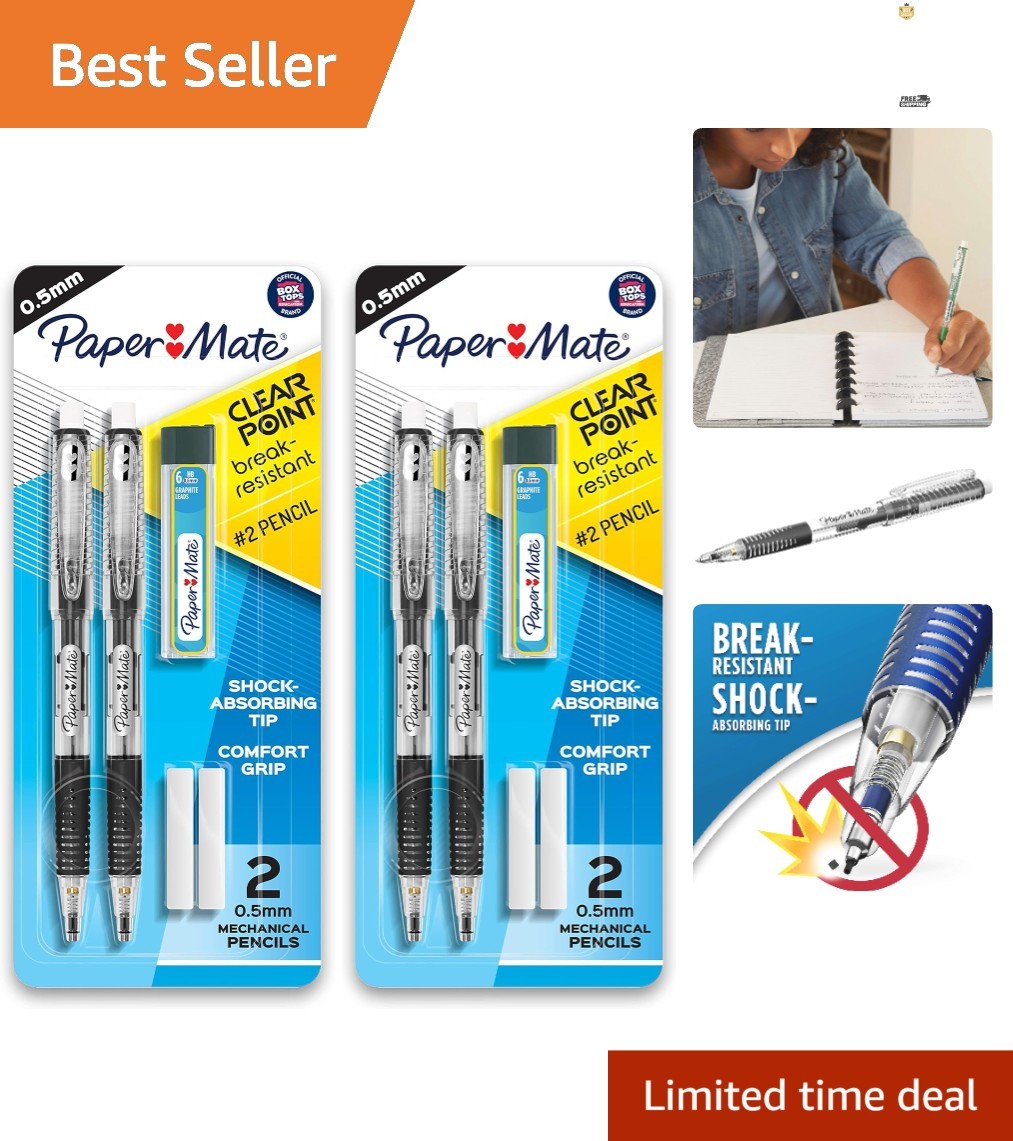 Durable 0.5mm Mechanical Pencils with Refill Set and Jumbo Erasers - Pack of 2