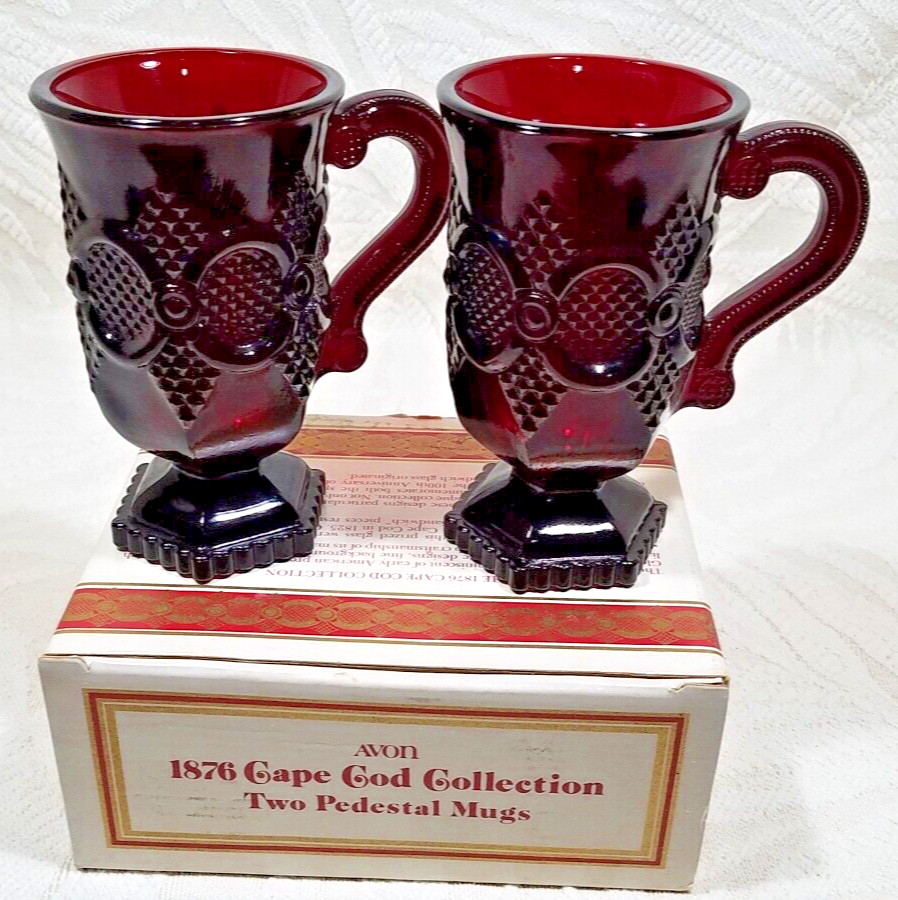 VTG AVON 1876 CAPE COD COLLECTION RUBY RED CUP GLASS 6oz. PEDESTAL MUGS w/BOX