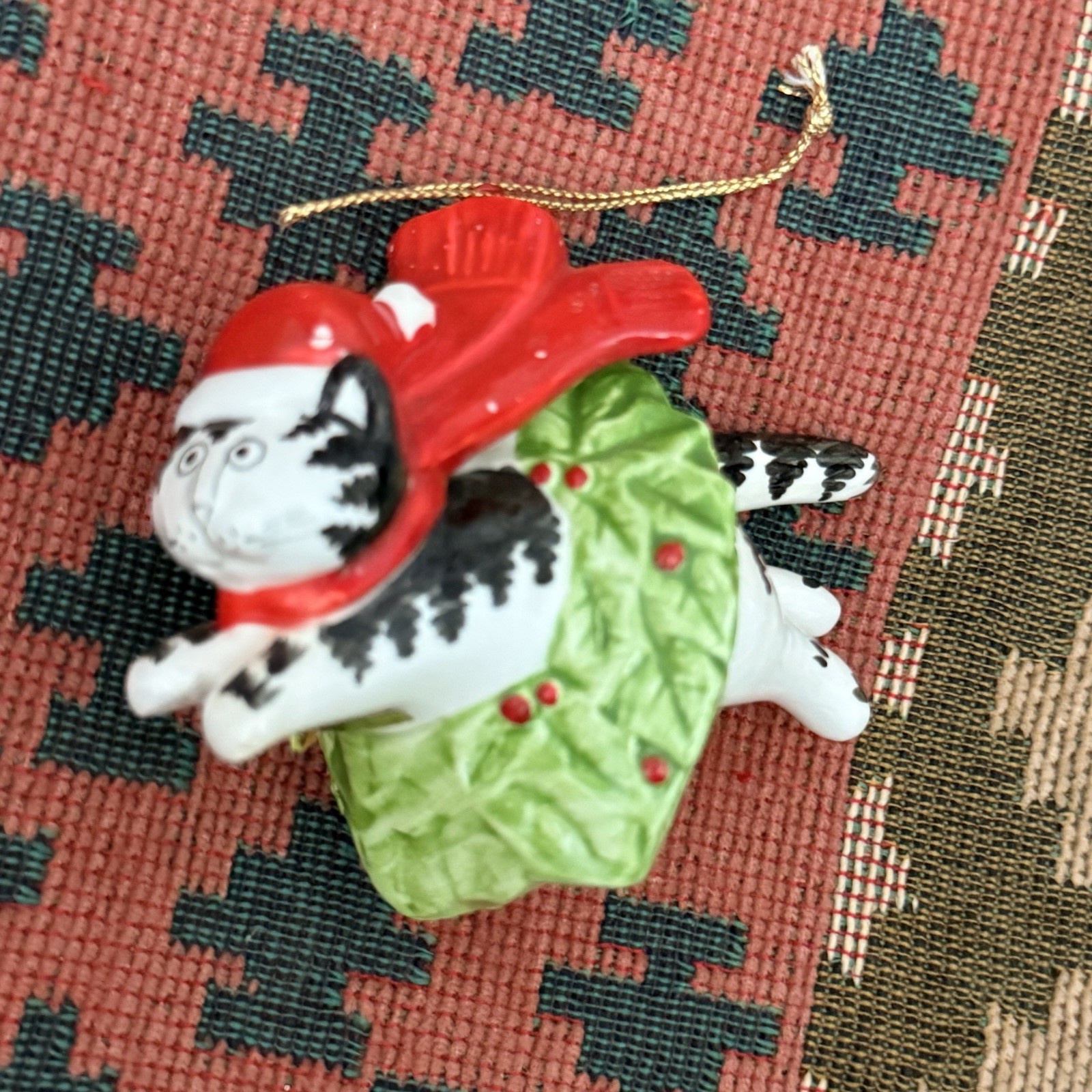 Vintage 80s KLIBAN CAT Christmas Ornament Porcelain Kitty Reindeer On Chimney