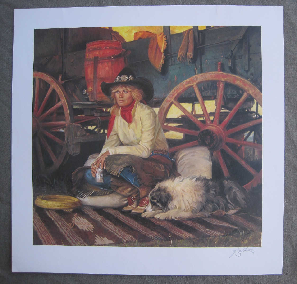 VTG 1980s GORDON SNIDOW JOE & THE SILVER BULLET COORS COWGIRL PRINT HAND SIGNED