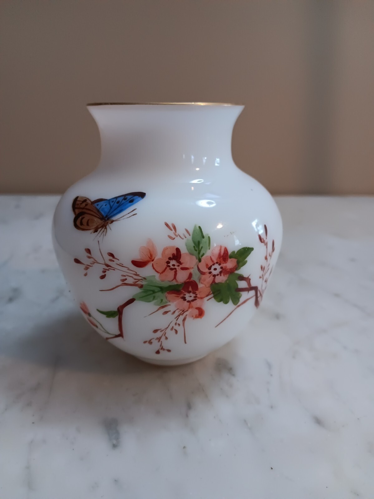 Opaline Art Glass Handpainted Butterfly & Blossoms Vase 4 Opaline Art Glass Handpainted Butterfly & Blossoms Vase 4