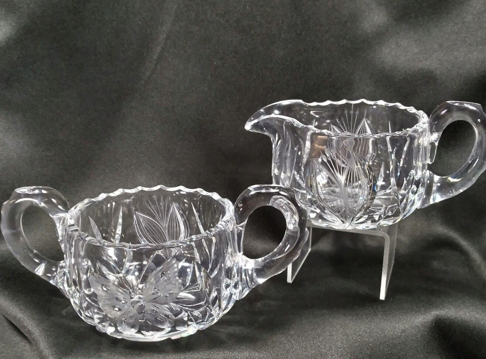 ABP Antique Pairpoint Murillo Crystal Sugar and Creamer Cut Butterfly and Flower