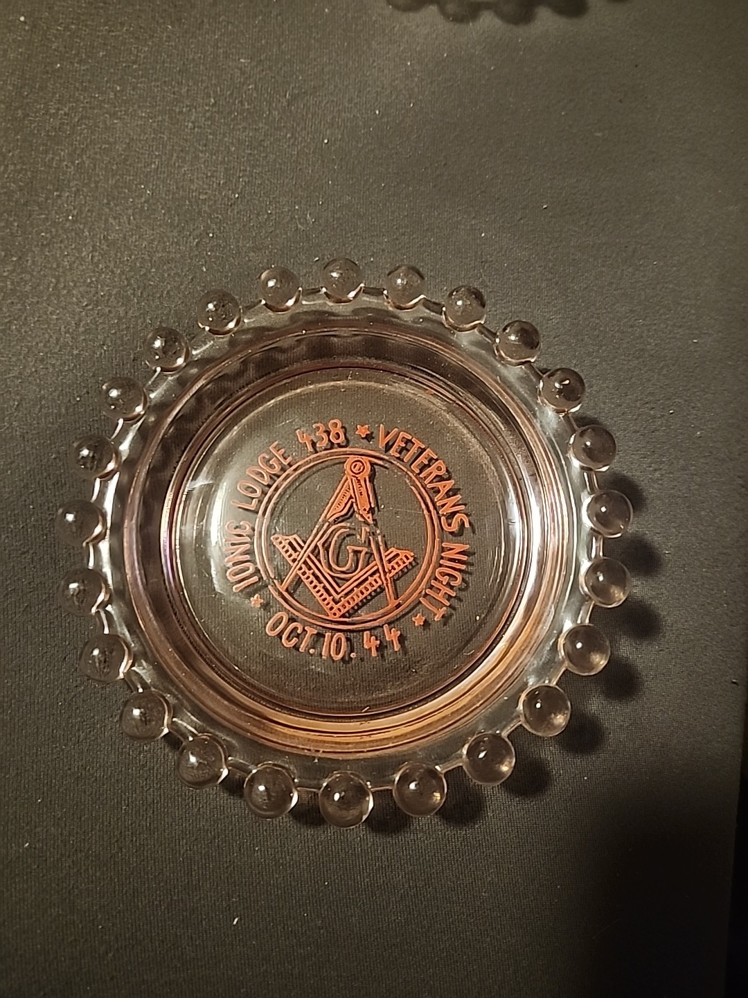 Masonic Masons 1944 Imperial Pink Candlewick Ashtray Lodge 438 Veterans Day look Masonic Masons 1944 Imperial Pink Candlewick Ashtray Lodge 438 Veterans Day look