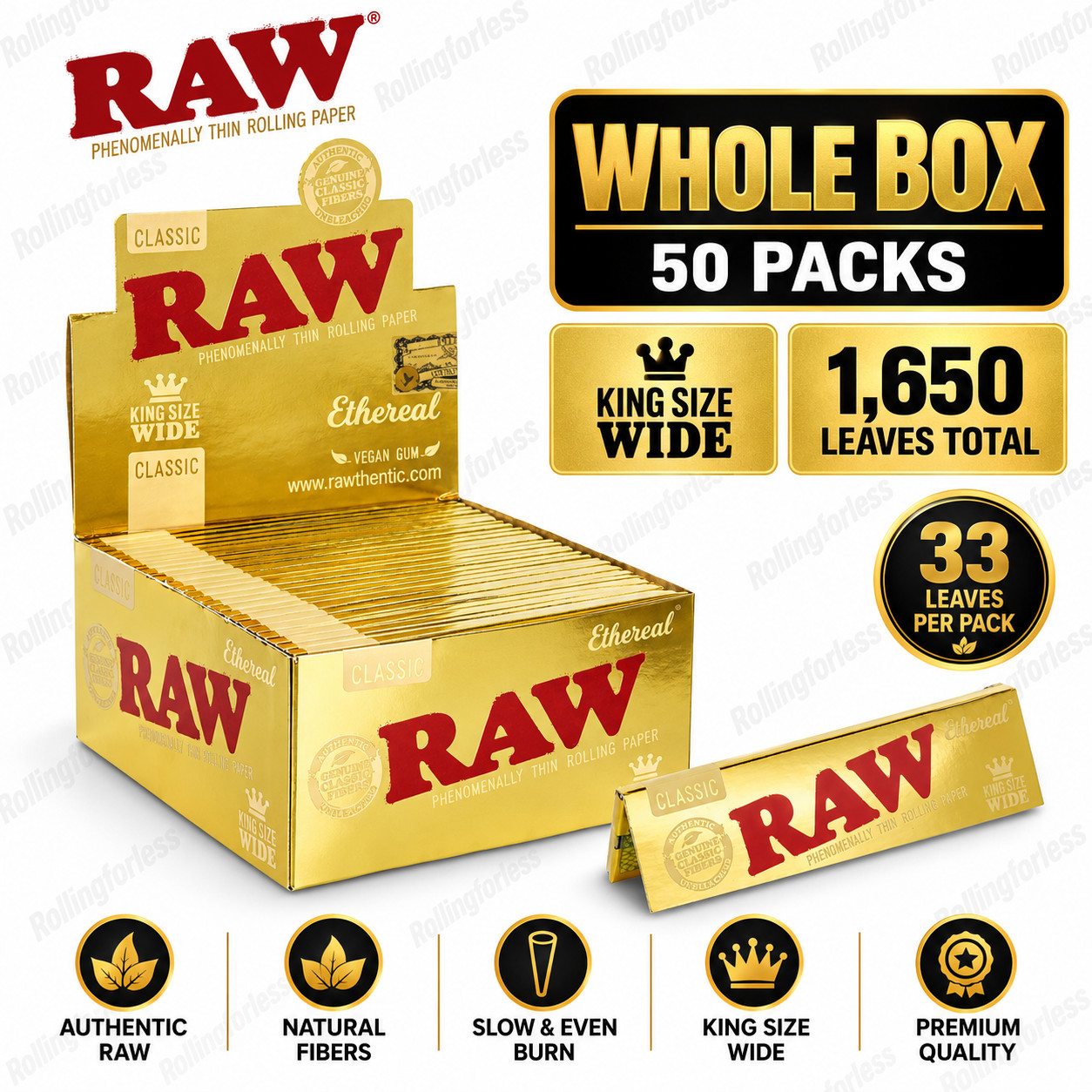 RAW Ethereal King Size Wide Rolling Papers Full Box 50 Packs 1650 Leaves