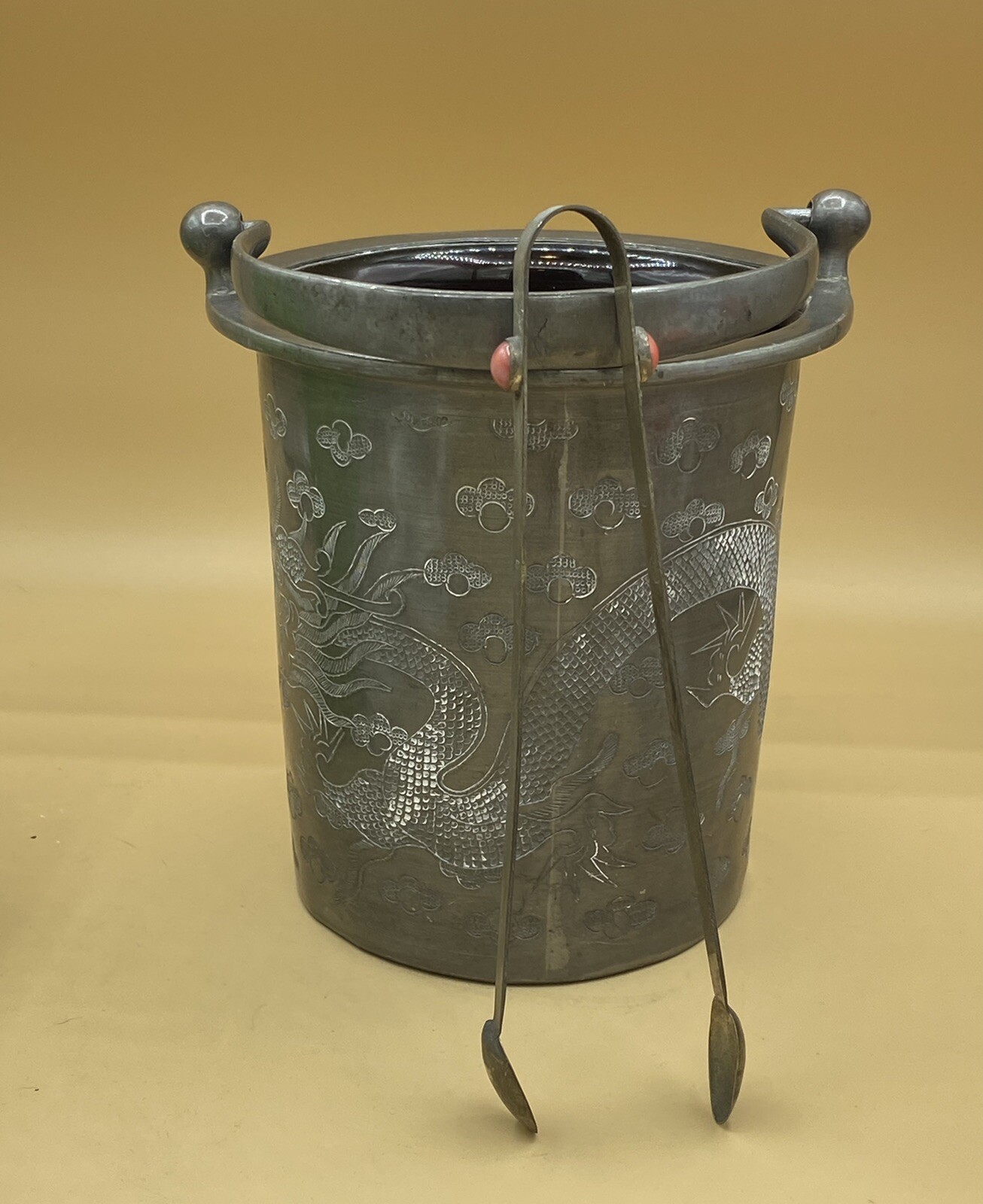 Art Nouveau Pewter Black Amethyst Glass Liner Etched Dragon Ice Bucket Tongs