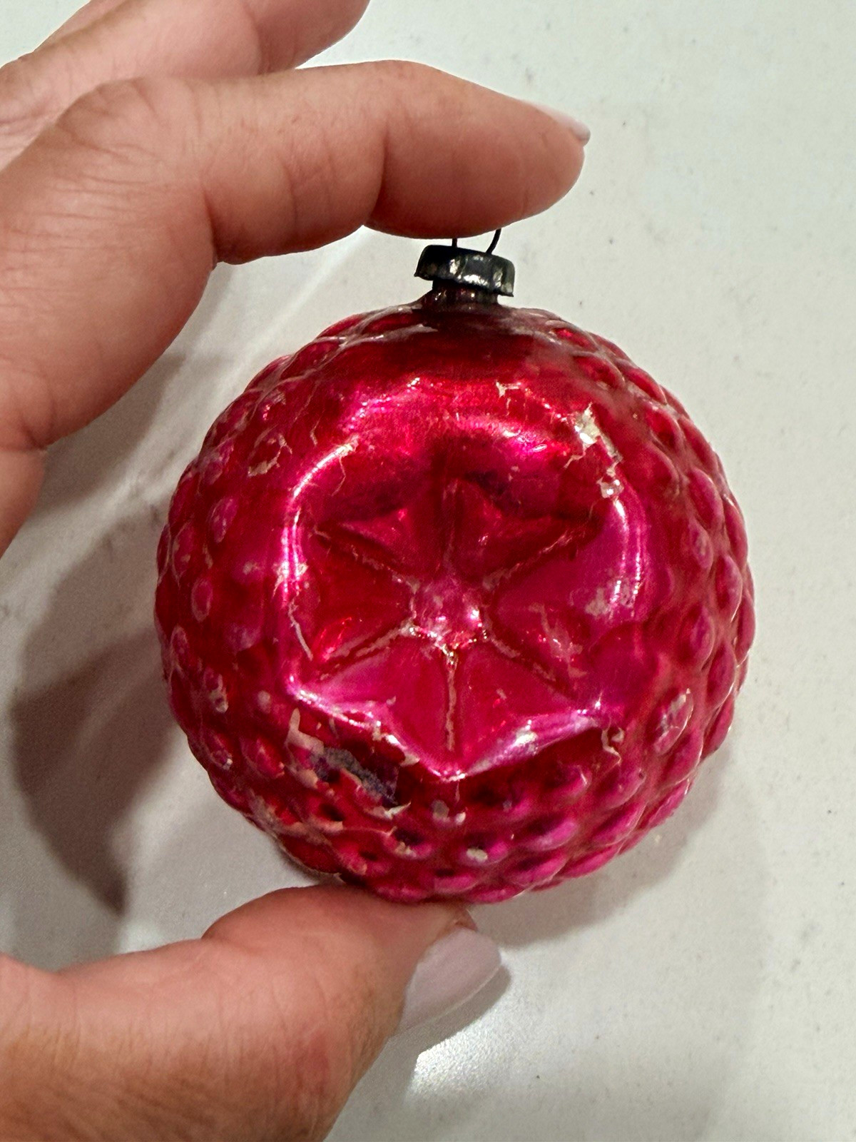 Vintage Japan Pink/Red Glass Bumpy Christmas Ornament Star Patter