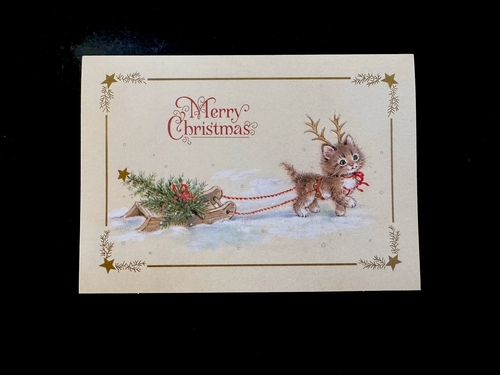 1 VTG MCM Xmas Greeting Card Darling Cat Kitten Wanna be Deer Pulling Sled in ❄️