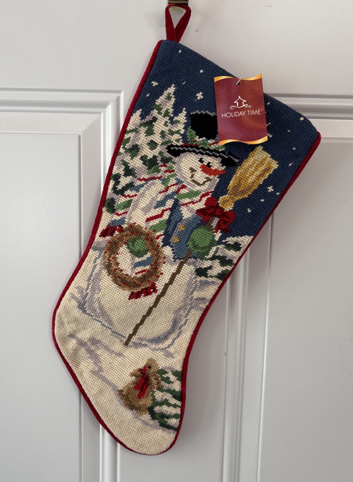 Vintage New W/Tag Needlepoint Snowman Christmas Stocking, Red Velvet Backing