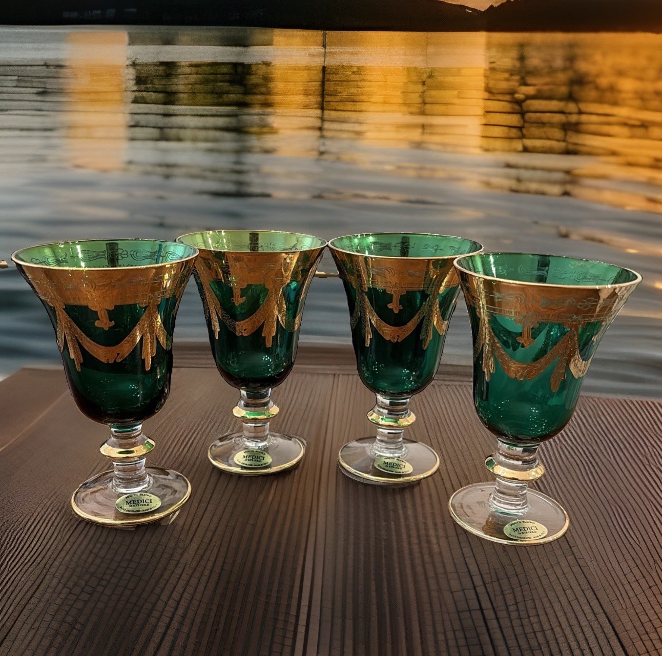 4 VTG Regal Arte Italica Medici Green Glass Water Goblets 24k Gold Mouth Blown