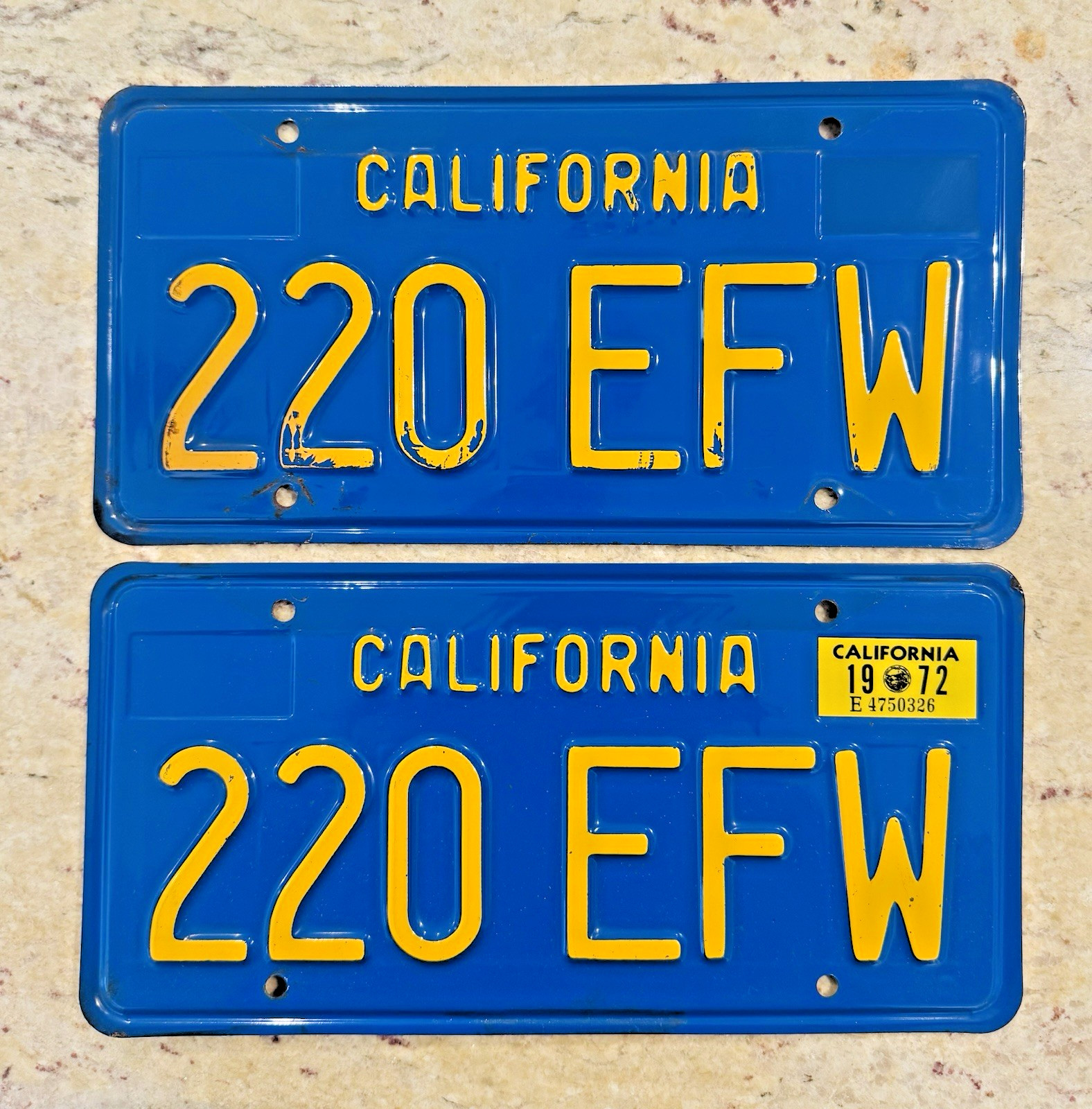 1970\'s California License Plates DMV Clear YOM 1972 Mustang 1972 Validation