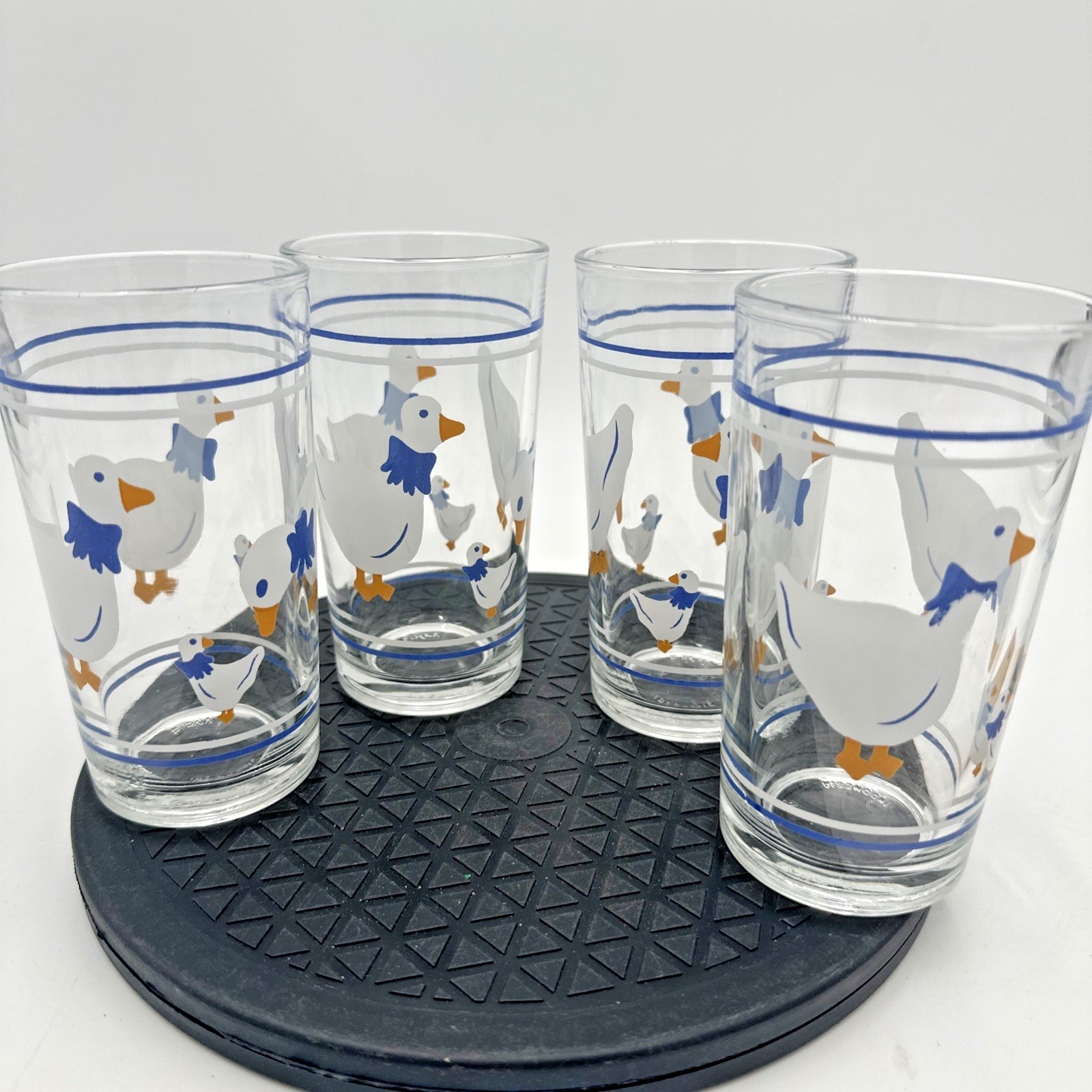 Vintage Firna Country Goose Blue Ribbon Glass Tumblers Set of 4