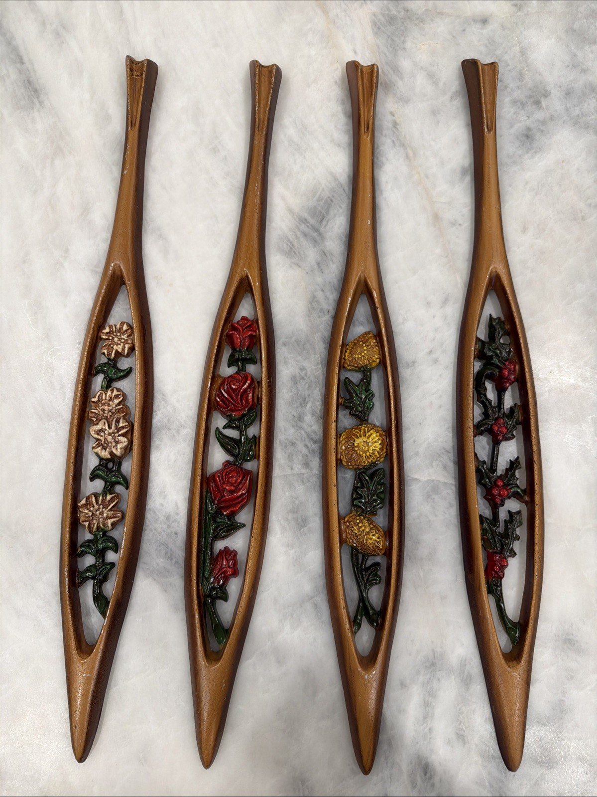 Vtg Sexton USA Four Seasons Floral Metal Wall Art Set MCM Rose Holly Dogwood 20