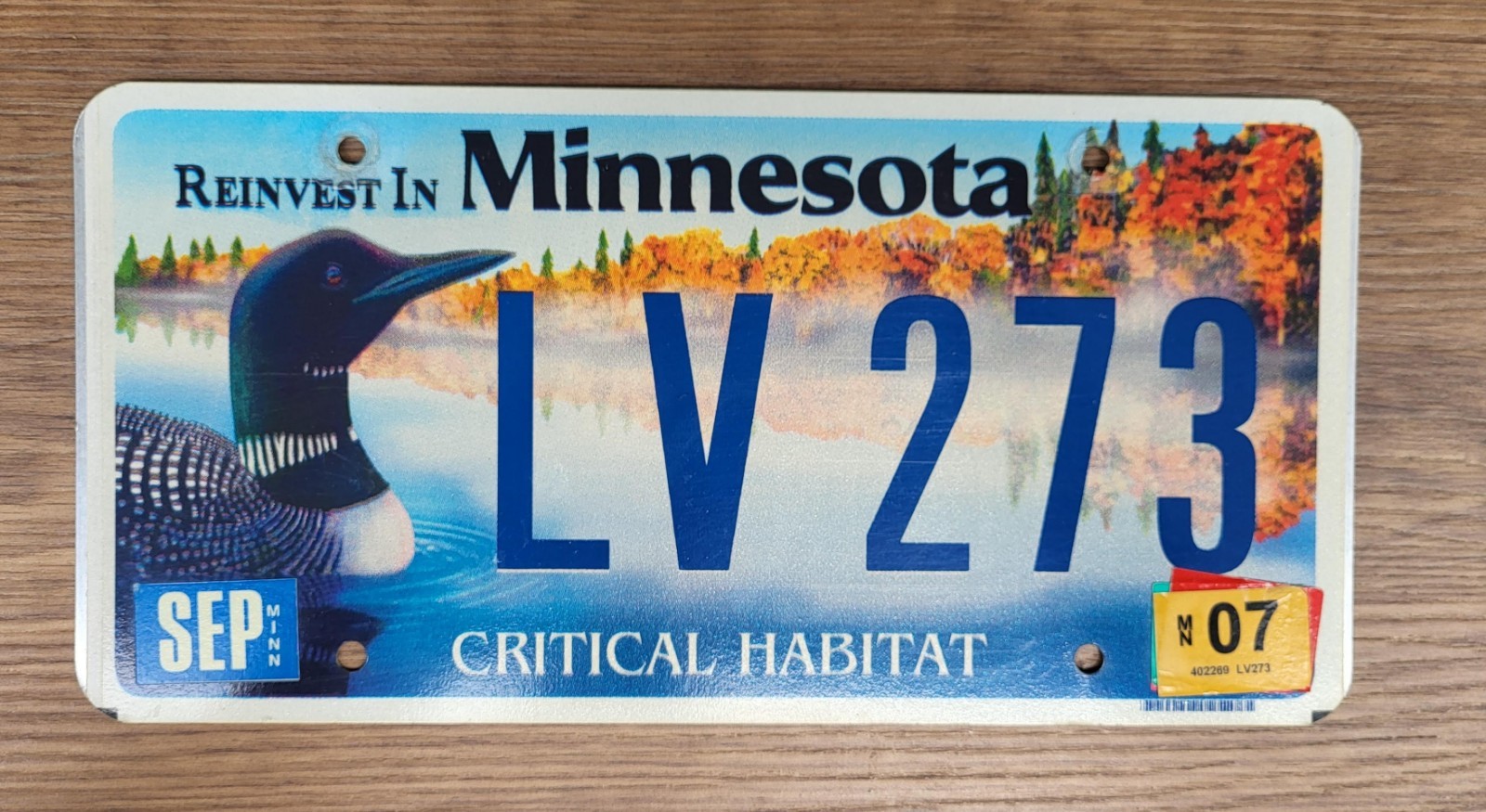 2007 Minnesota Critical Habitat LOON License Plate Tag  #LV 273  Wildlife