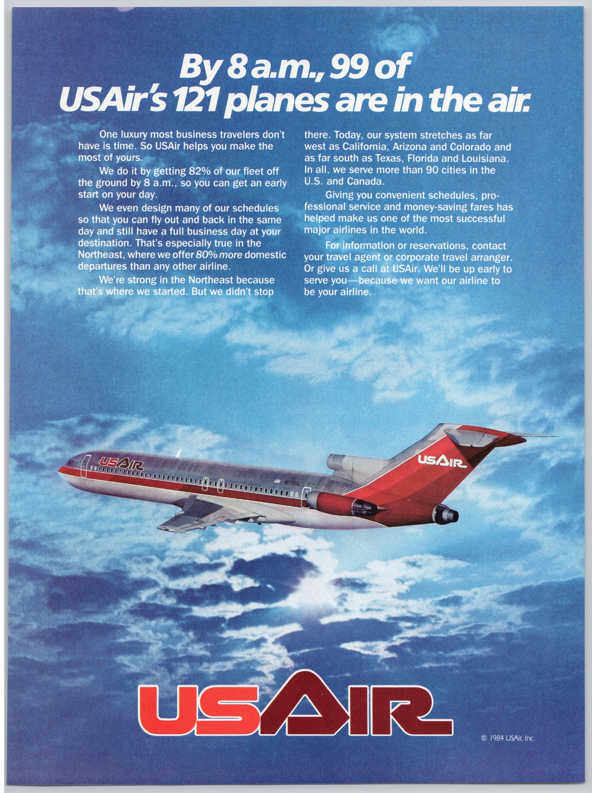 USAir Airplane 121 Planes Texas Florida Airline 1984 Vintage Print Ad