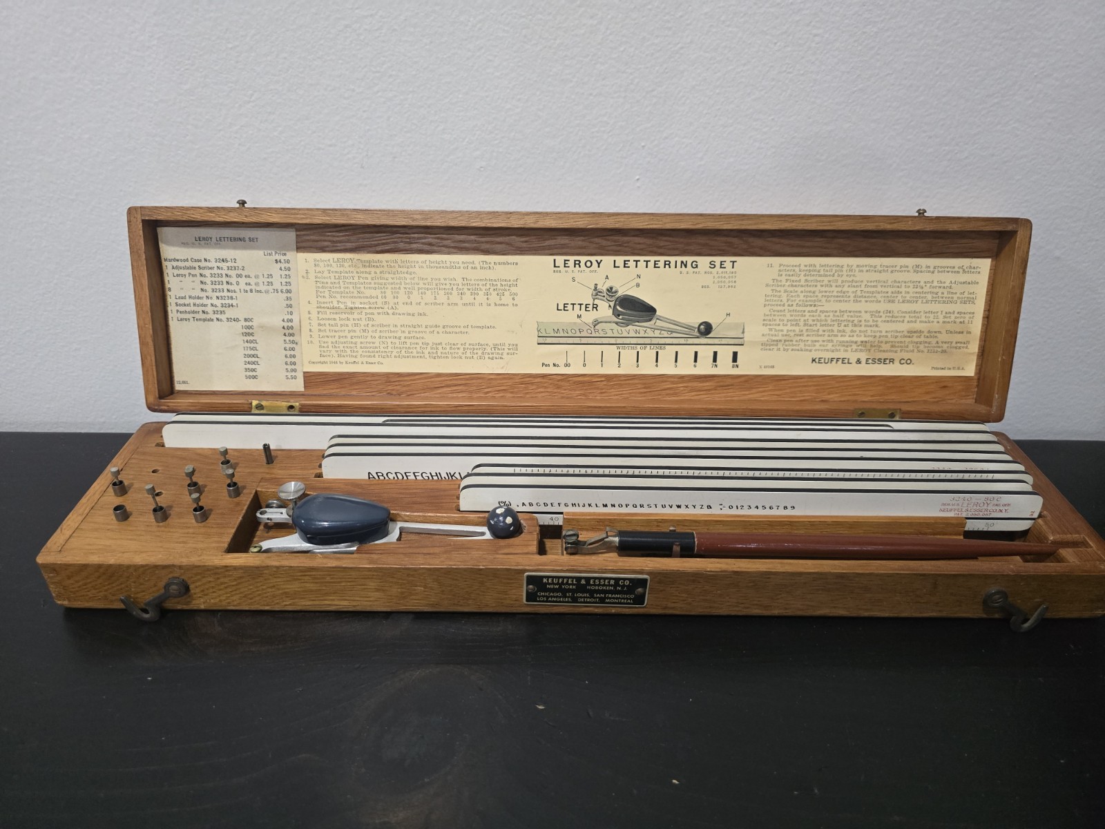 Vintage K&E Leroy Lettering Set Drafting Kit w/ Wood Case Templates USA