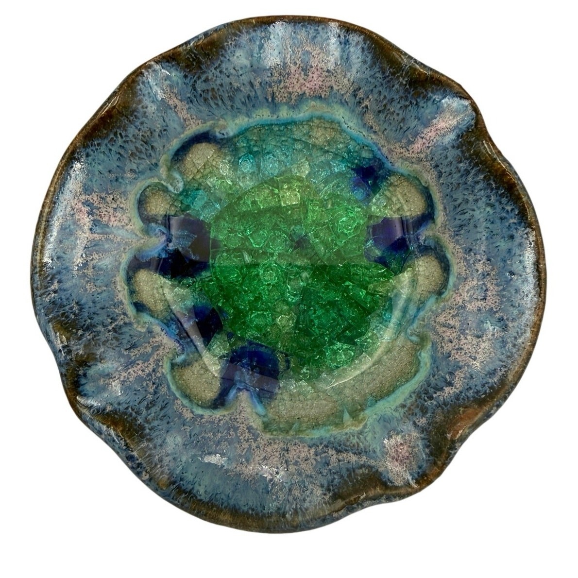 Handmade Studio Pottery Trinket Dish Blue Green Crackle Glass Ring Bowl Gift