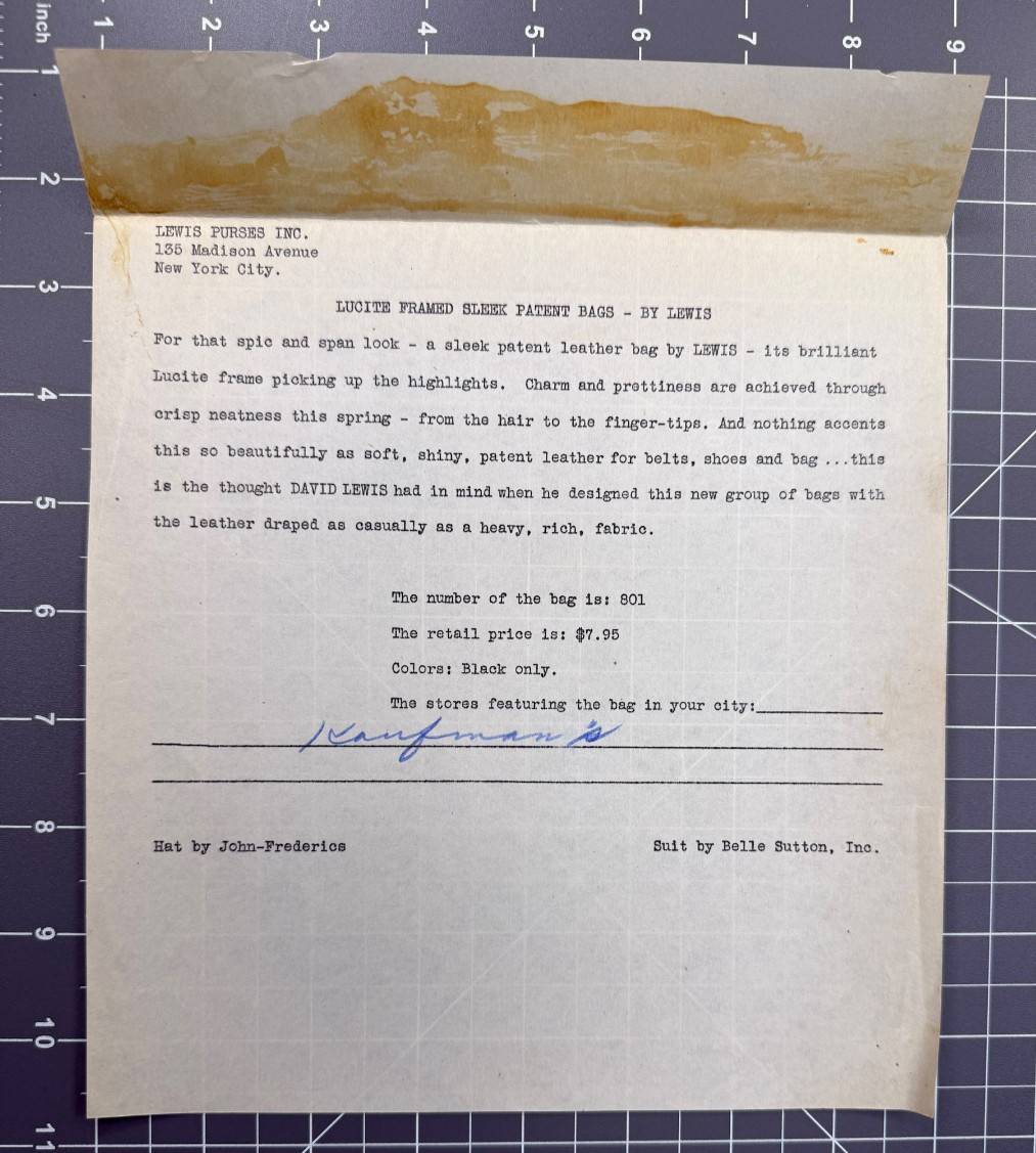 Vintage 1940s Lewis Purses Inc Fashion Promo Document Kaufman\'s Handwritten