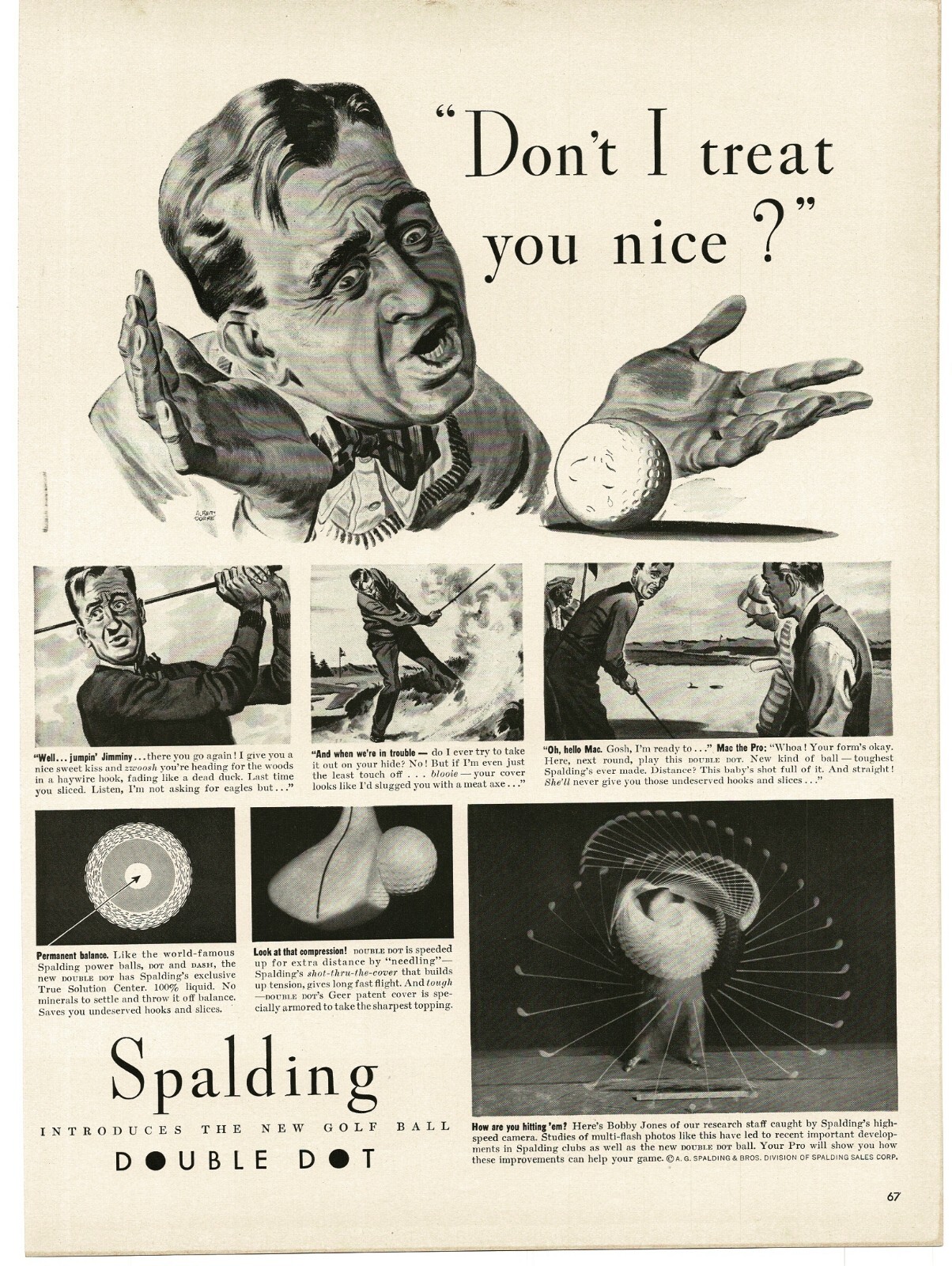 1940 Spalding Double Dot Golf Balls golfer begging for help Funny art Vintage Ad
