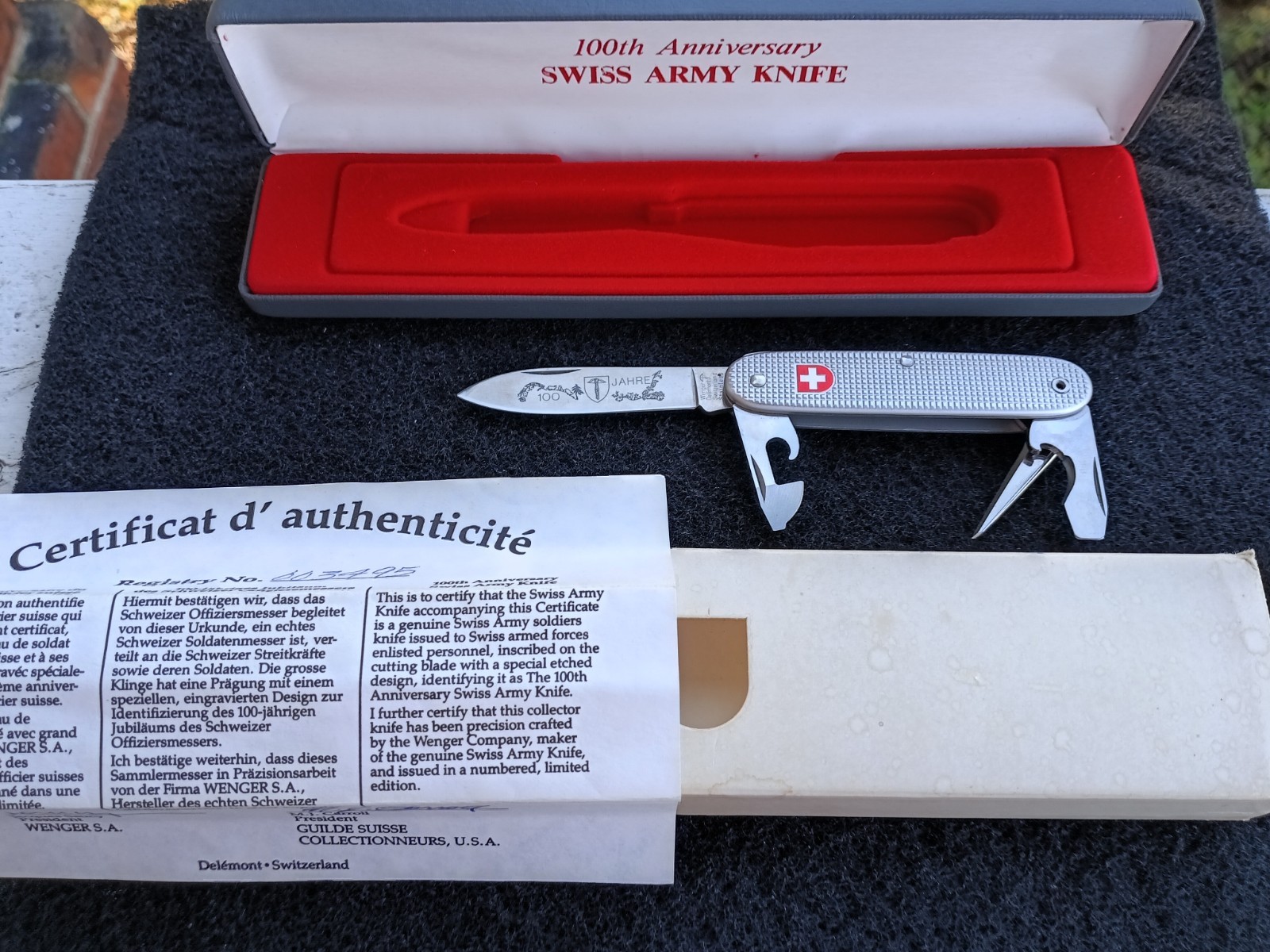 Vintage Swiss Army Knife-100th Anniversary Wenger Delemont w/Jahre Stamp & COA 