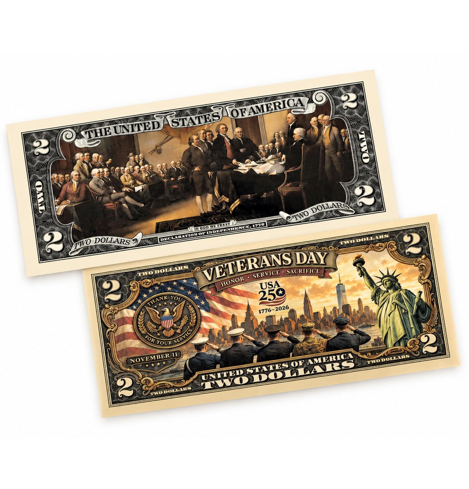 November 11 Veterans Day + 250th Anniversary Collectible $2 Bill | Yellow November 11 Veterans Day + 250th Anniversary Collectible $2 Bill | Yellow