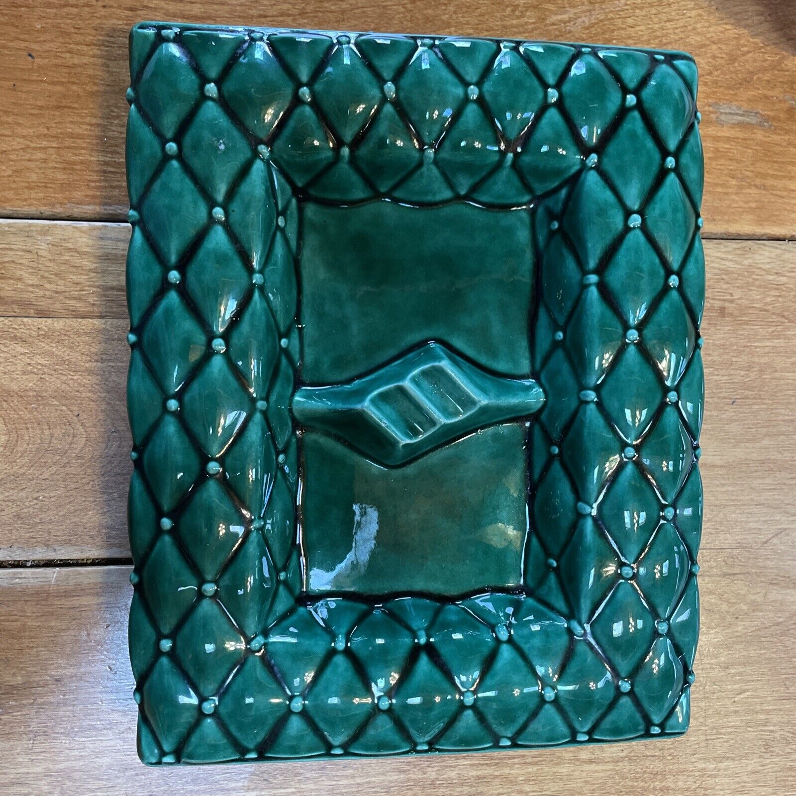 Vintage 1963 Turquoise Green Buttoned Cushion ashtray Signed On Bottom. 9.5x7.5