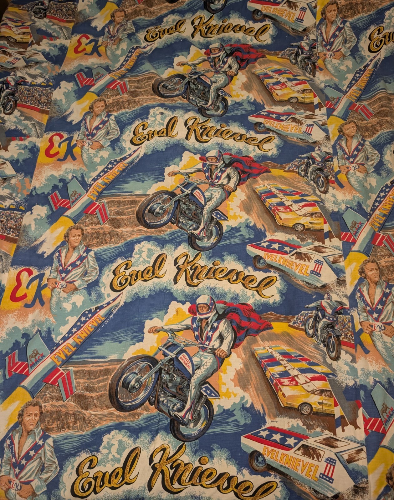 Handmade Rare Vintage Evel Knievel Fabric Quilt Double Sided 1974