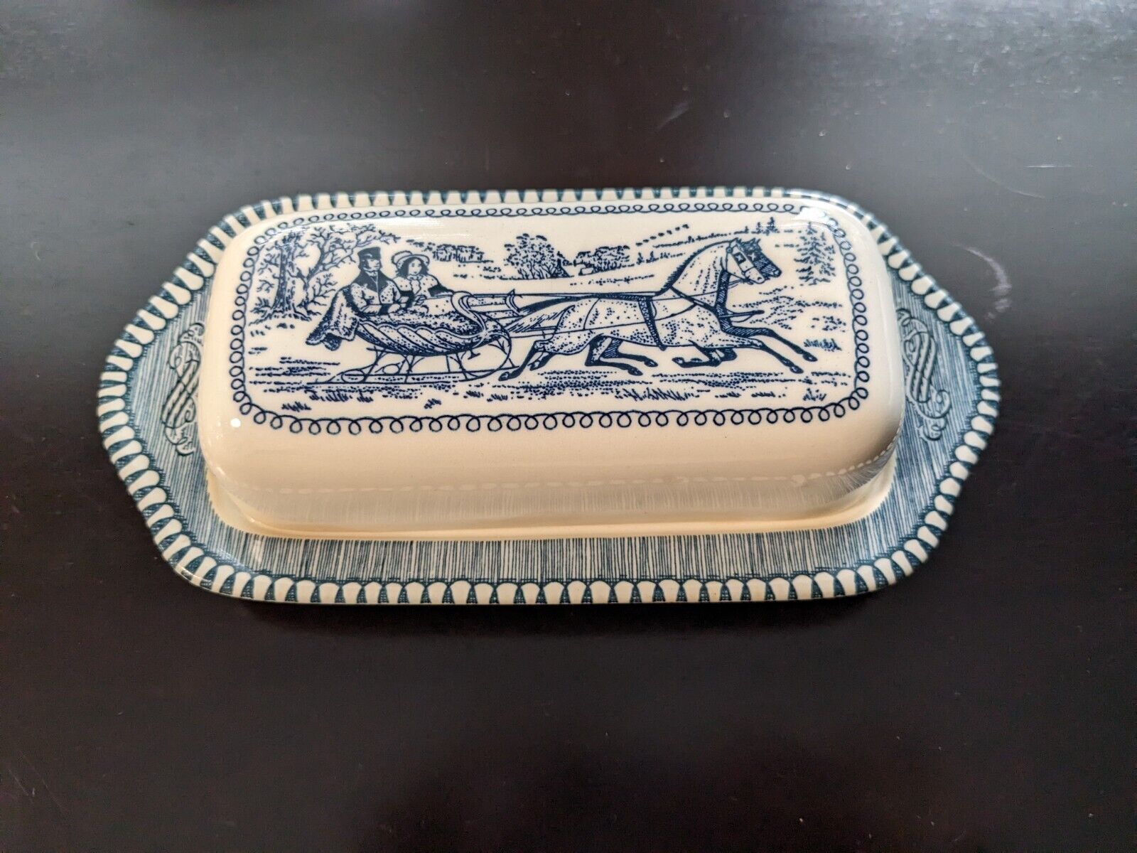 Currier and Ives Covered Butter Dish - Vintage Blue and White Royal China