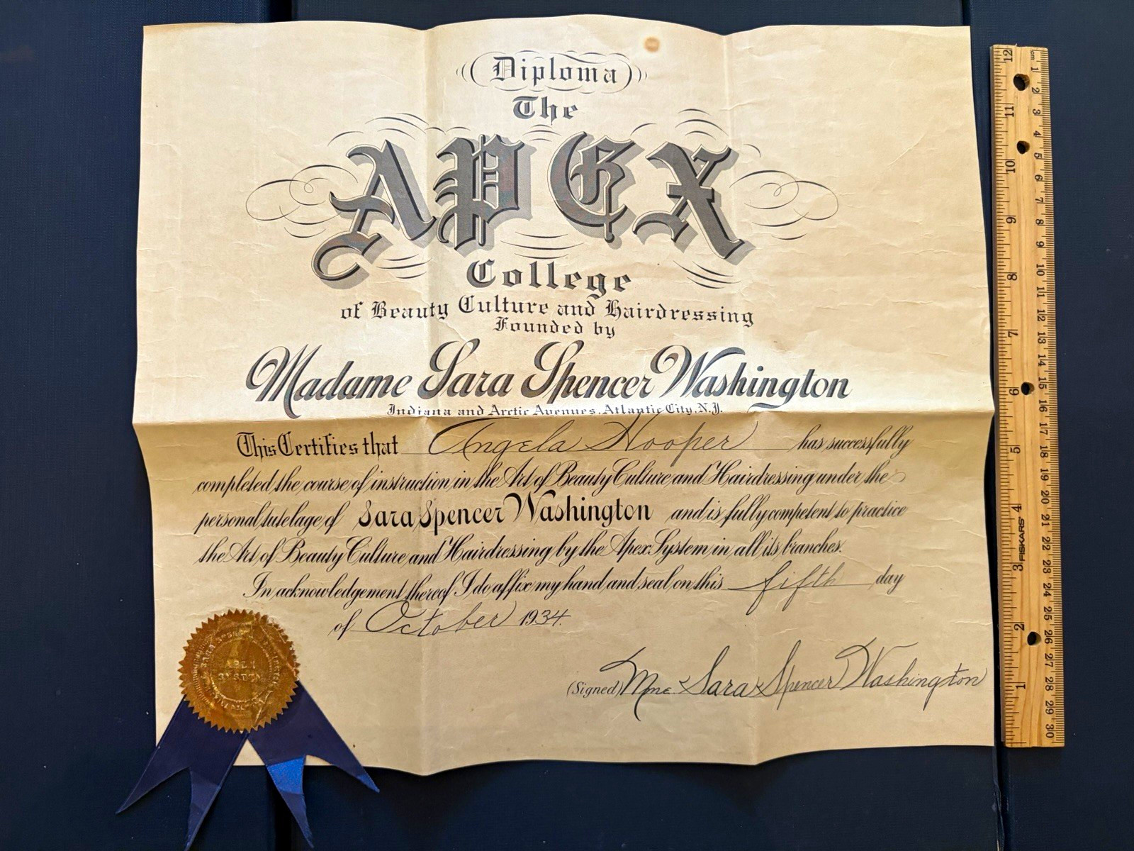 Apex College of Beauty Culture & Hairdressing Diploma 1934 Signed Original