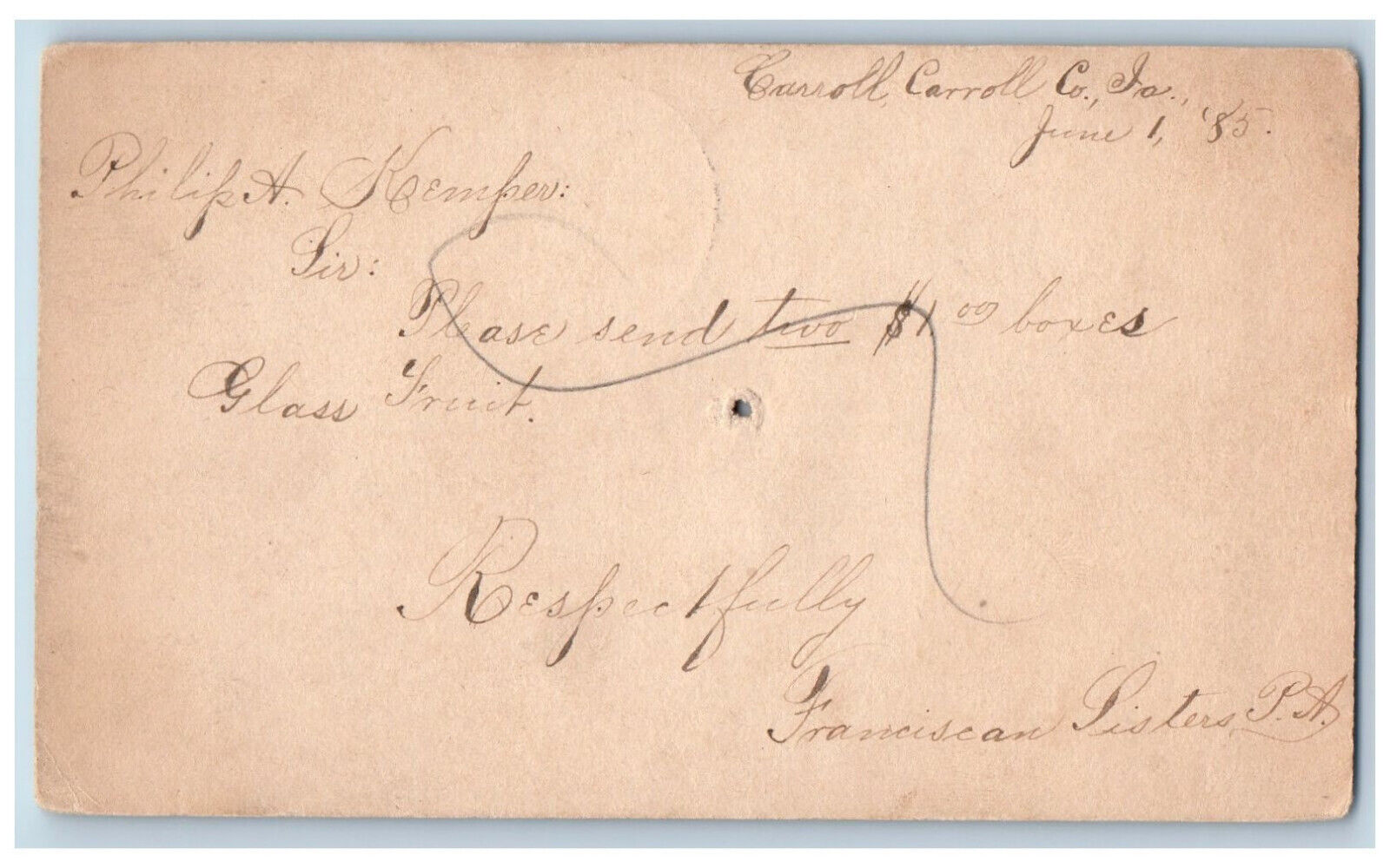 Carroll Co. Iowa IA Dayton OH Postal Card Philip Kemper Franciscan Sisters 1885